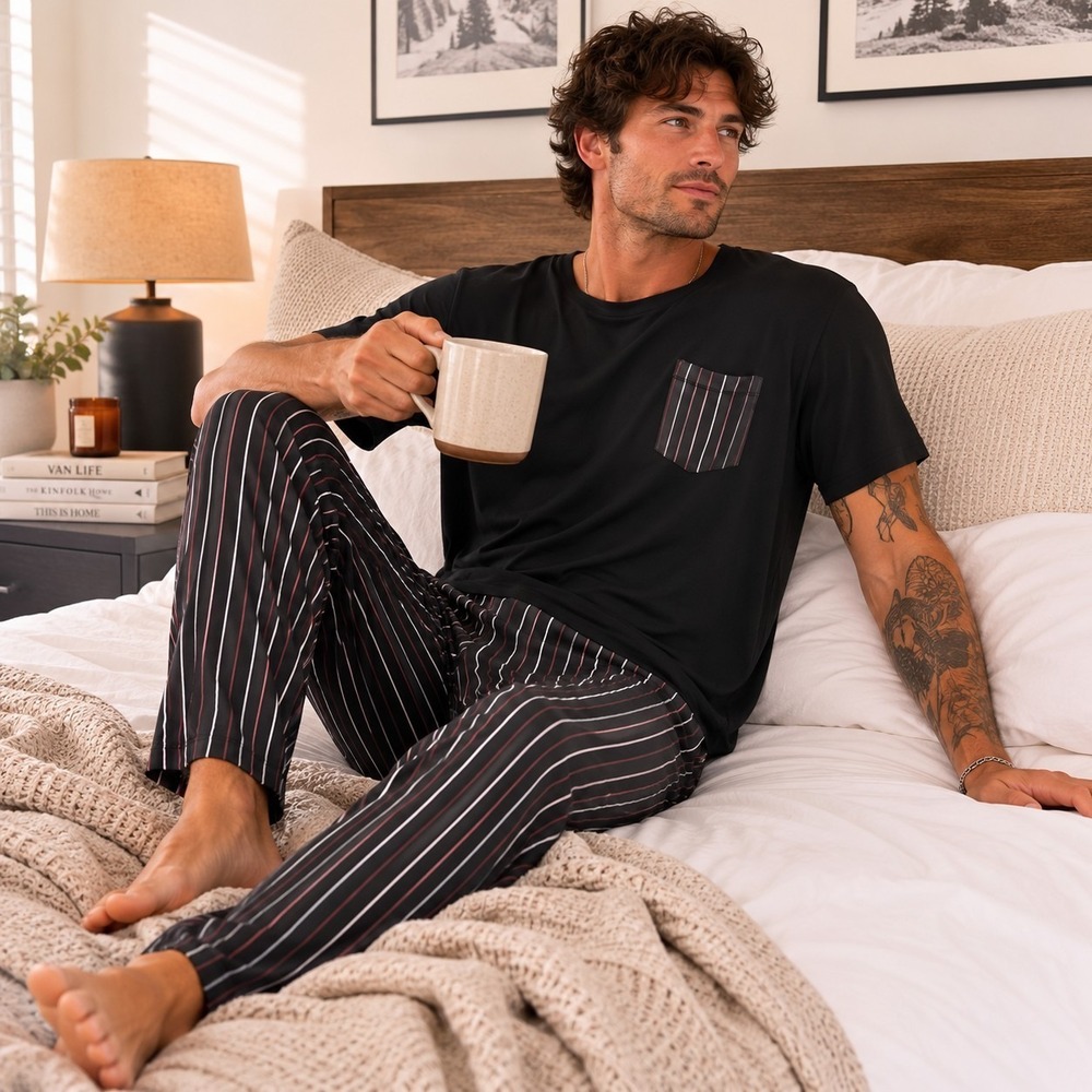 Tommy John Second Skin Sleep Pocket Tee & Pant Set XL Black Striped Loungewear